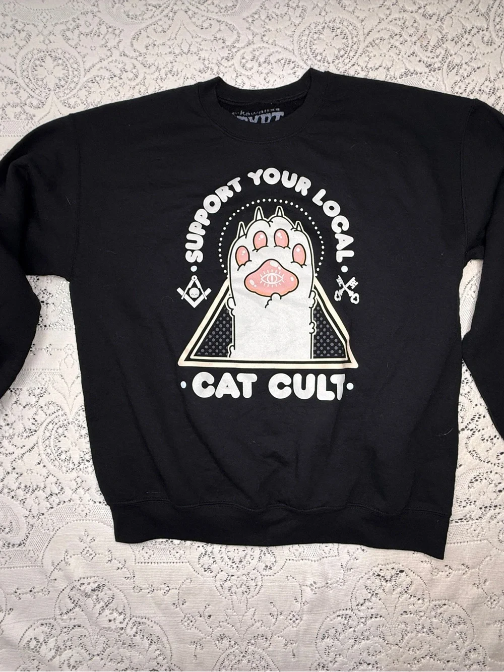 Kawaii Krypt Support Your Local Cat Cult Sweatshirt Large Black Goth Occult Cat